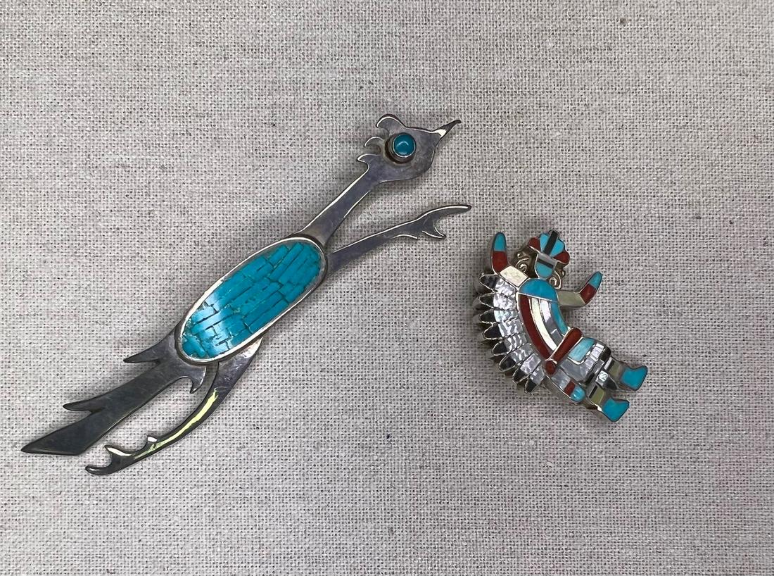 Pair Zuni brooches- Rainbow Man signed and Roadrunner unsigned (1 of 6)