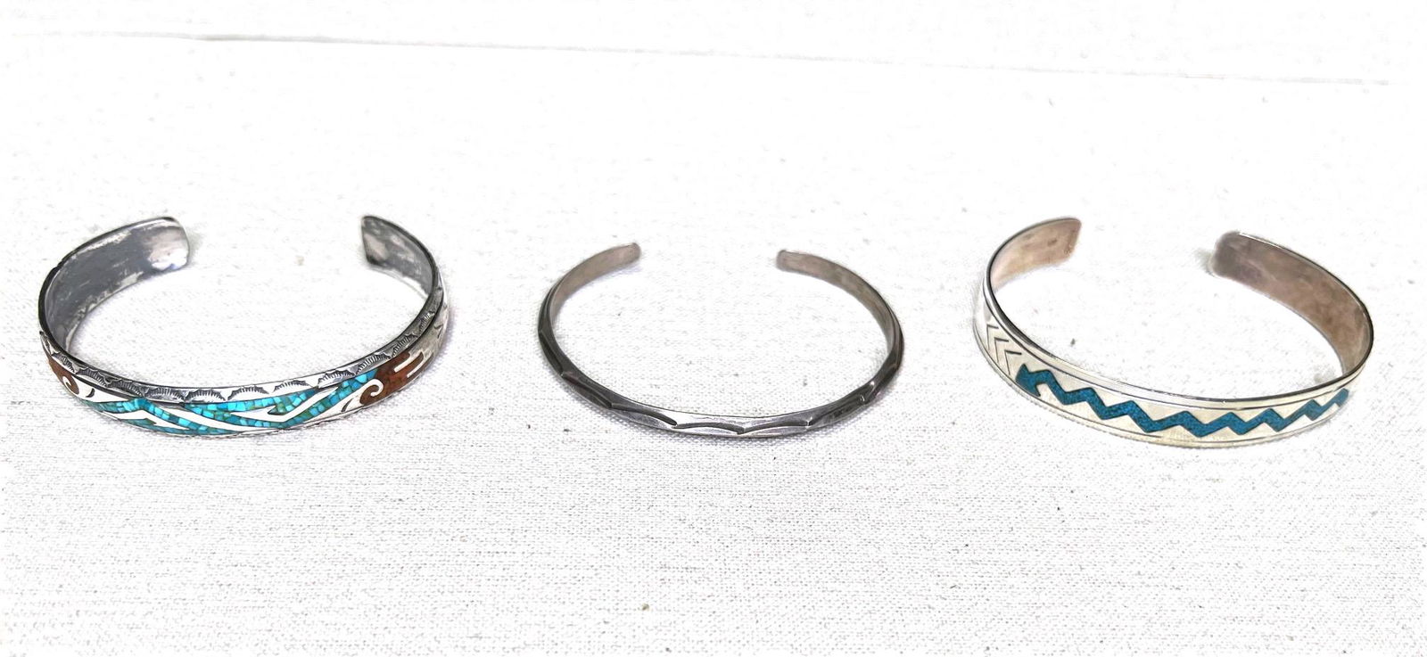 Set of 3 Navajo Cuffs- J. Franklin Signed Navajo Sterling Silver Turquoise & Coral Chip Inlay, a (1 of 7)