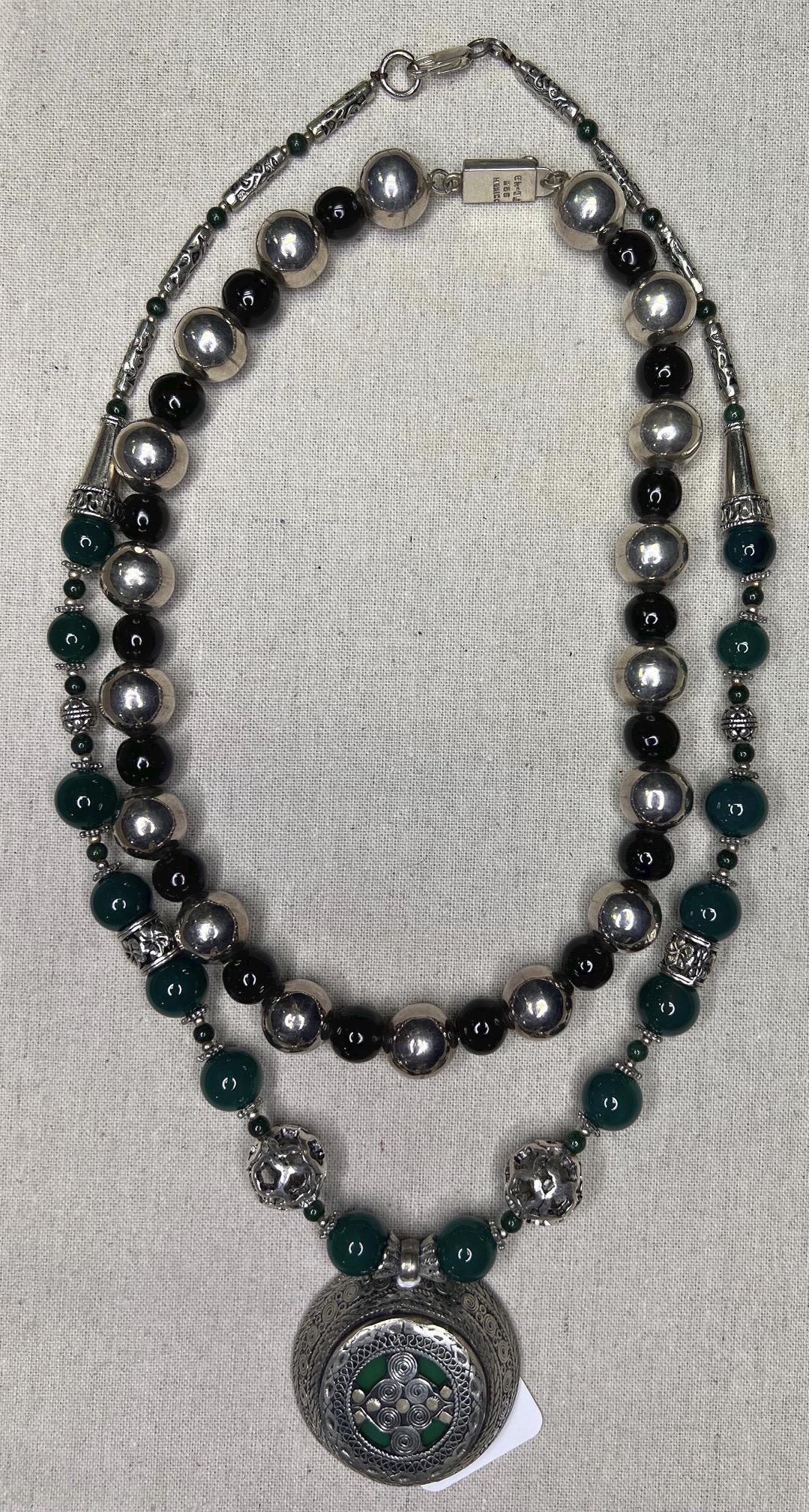Vintage Taxco Sterling Silver and Onyx  Beaded Necklace and an Sterling and Gemstone Green Necklace (1 of 5)