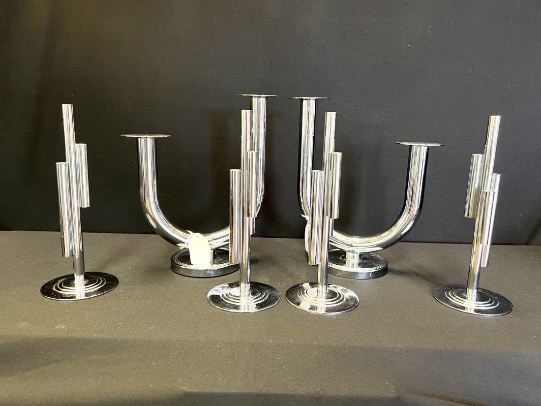 Art Deco- CHASE- Chrome Candleholders and 4 Tube Flower bud vases- 3 Pairs. (1 of 9)