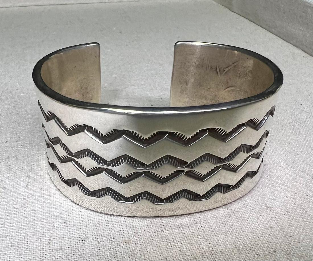 Navajo Sterling Silver Hand-Stamped design cuff bracelet- unisex (1 of 8)