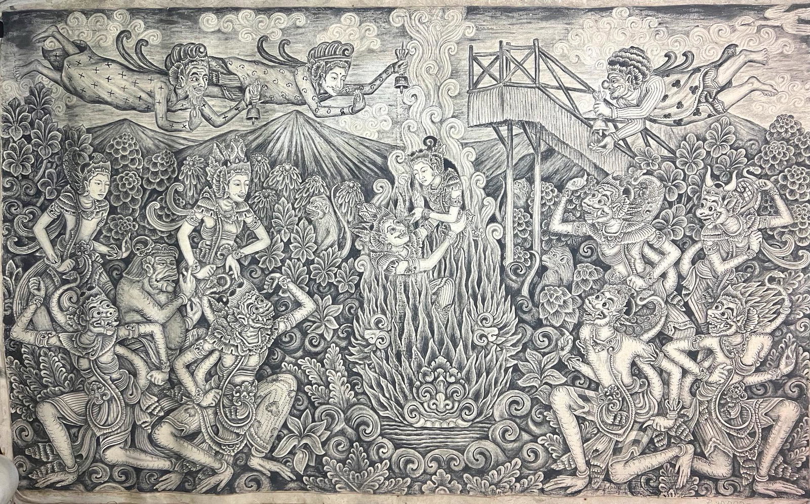 Vintage Balinese Painting on Canvas~ Signed Lipur: Vintage Balinese Painting on Canvas~ Signed Lipur. Unframed. Measures approx. 53" Long X 33" Wide.