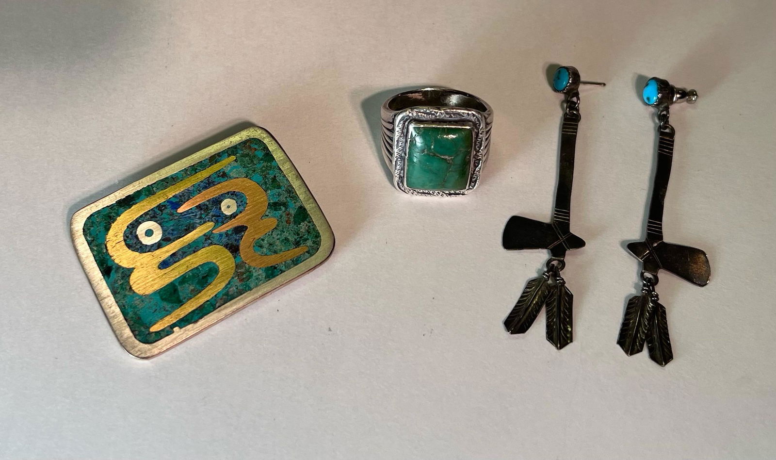 Vintage Sterling Silver Jewelry Lot~ Old Pawn Turquoise Ring, Tomahawks earrings & Taxco Modernist (1 of 2)