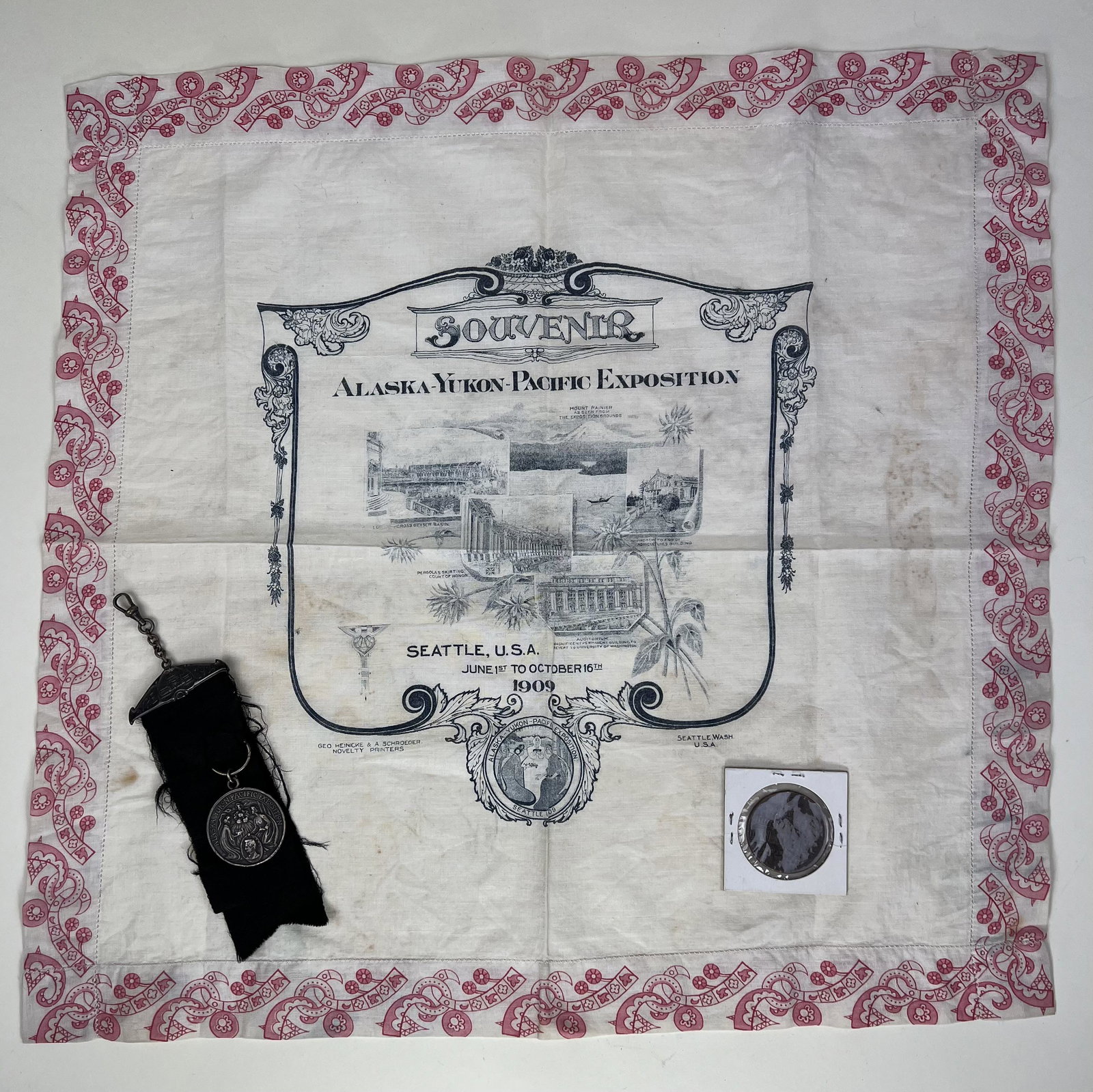 1909 Alaska- Yukon Pacific Exposition Souvenirs: 1909 Alaska- Yukon Pacific Exposition Souvenirs. Lot includes a handkerchief, medal and a token.