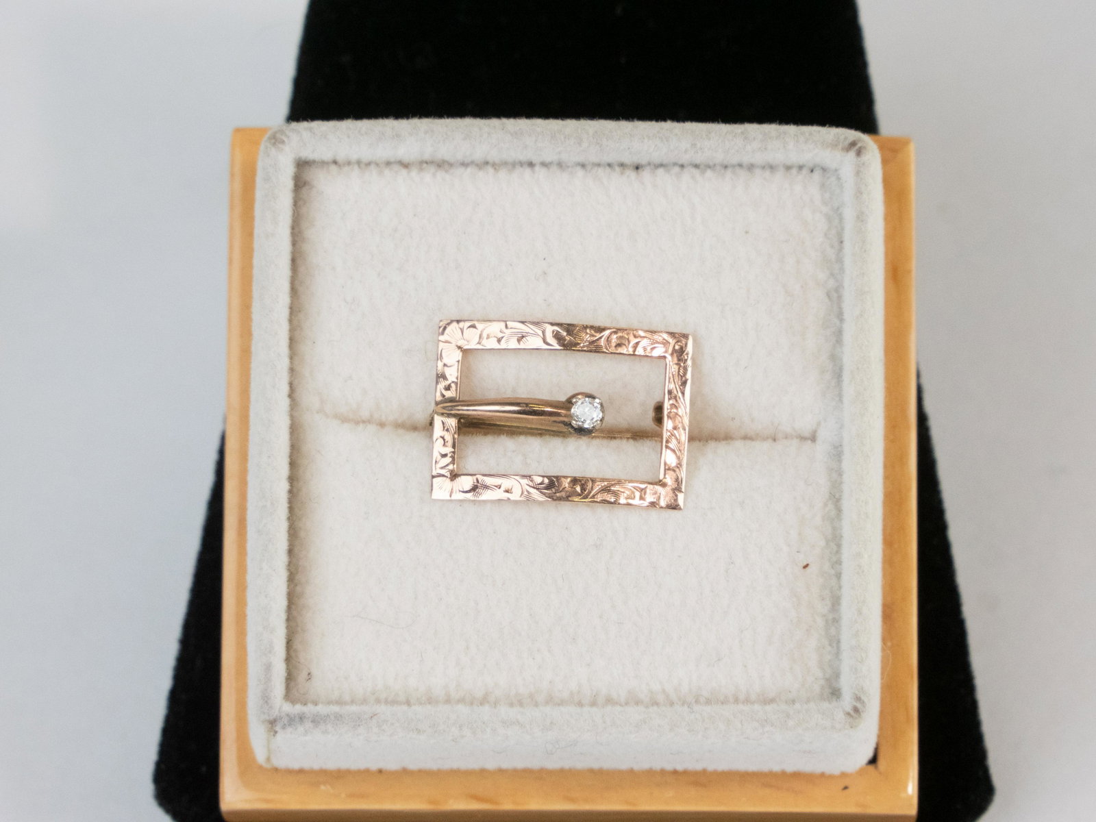 Antique Edwardian 14K Rose Gold & Diamond Belt Buckle Pin Brooch: Antique Edwardian 14K Rose Gold & Diamond Belt Buckle Pin Brooch and measures approx. 3/4” long by 1/2” wide.Cazadora Art Gallery offers complementary free in-house shipping on JEWELRY ite