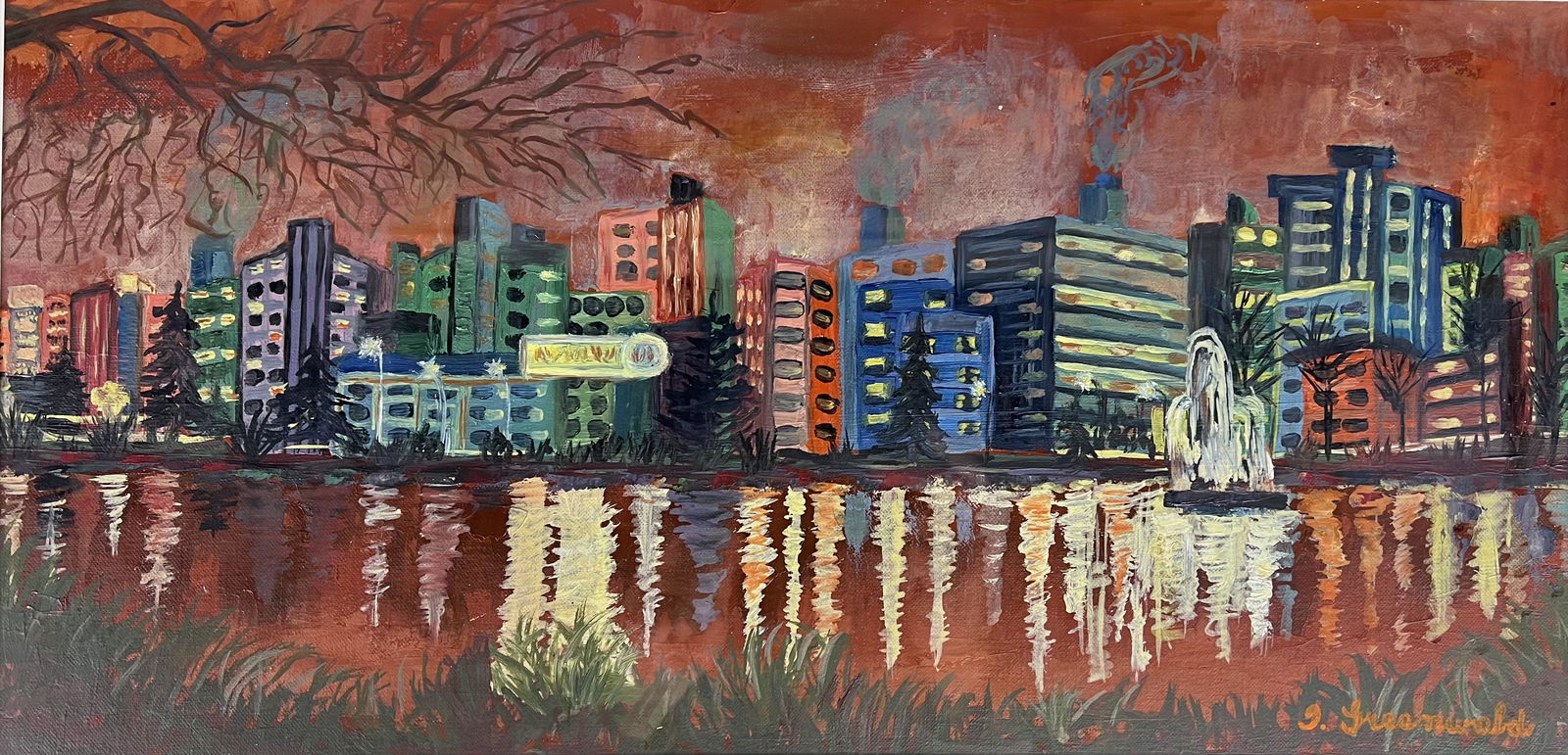 Pat Greenwald~ Modernist Cityscape Oil Painting on Board (1 of 6)