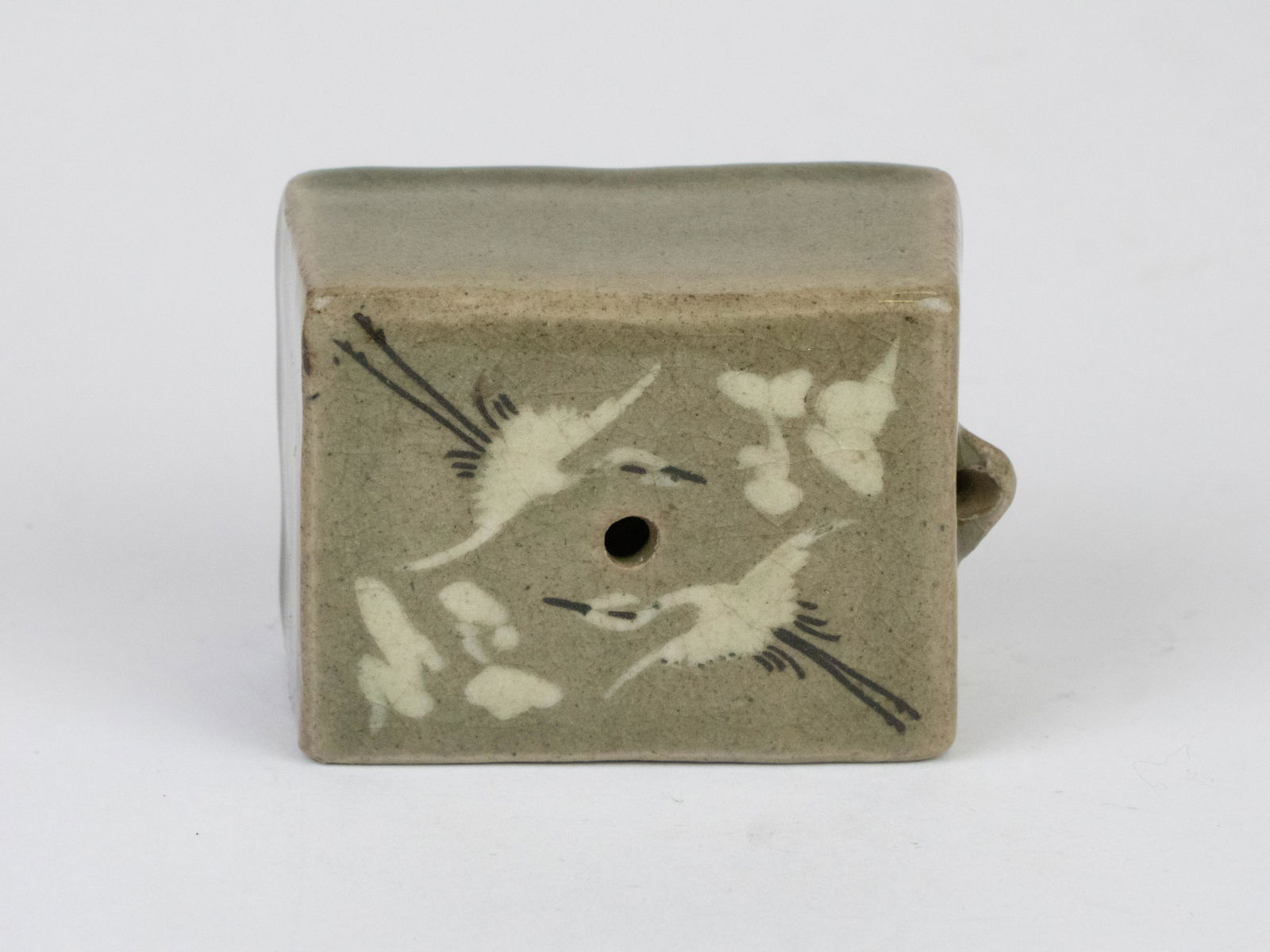 Korean Celadon Porcelain Crane Regtangular Water Dropper: Korean Celadon Porcelain Crane Regtangular Water Dropper. Late 19th. Century. Measures approx. 3" long by 2" wide by 1 1/2" tall.