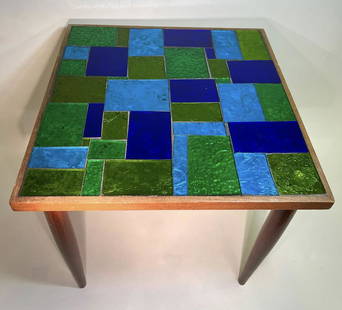 Green And Blue Mid-Century Modern Georges Briard Mosaic Glass Table, Signed: Green And Blue Mid-Century Modern Georges Briard Mosaic Glass Table, Signed. Measures approx. 16" long X 16" wide X 14 1/2" tall.