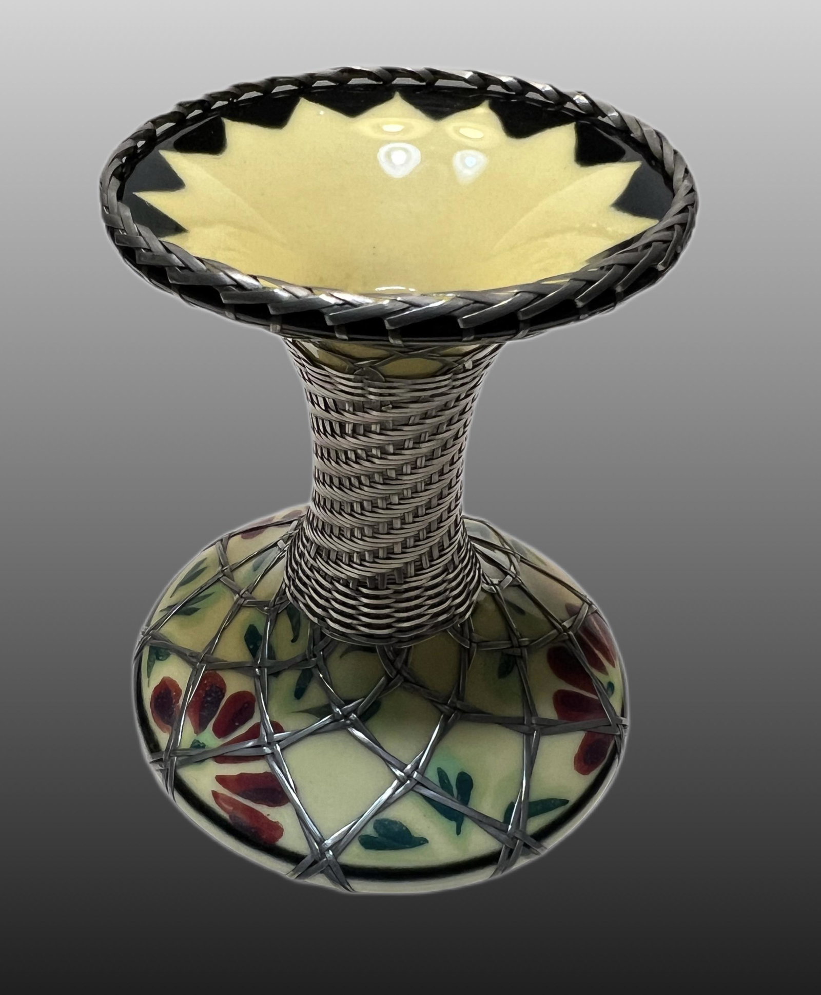 Japanese Meiji Period Ceramic~ Awaji Vase~ Sterling Silver Wrap (1 of 5)