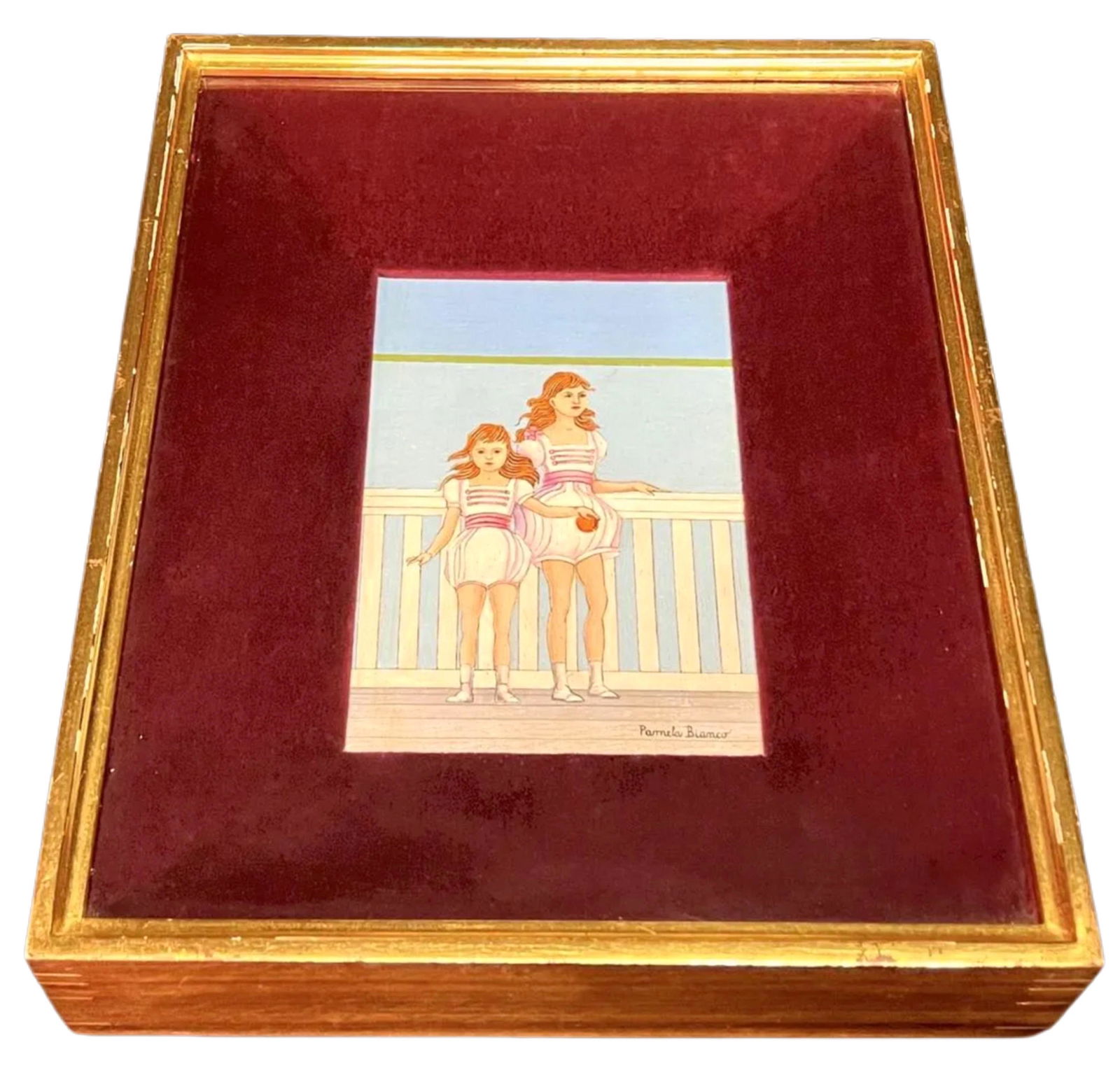 Pamela Bianco- Oil on Wood Panel- Title: Sisters~ COA: Pamela Bianco- Oil on Wood Panel- Title: Sisters. Signed lower right, Gallery labels on verso. Painting is in very good condition. Measures 13 1/4"T, 11"W.