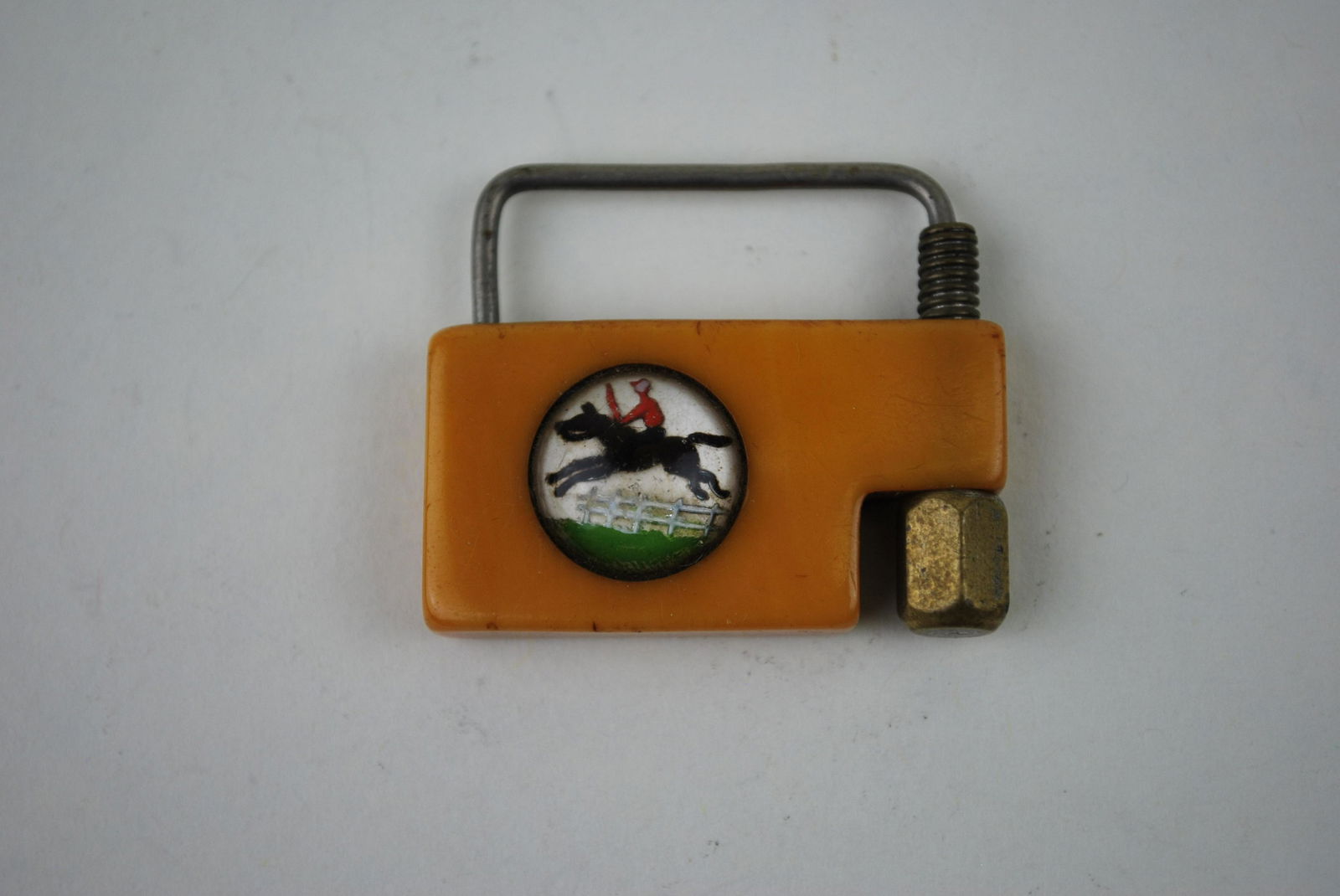 Antique Bakelite Reverse Carved Painted Jockey on Horse~ Padlock Keychain Key Ring (1 of 3)