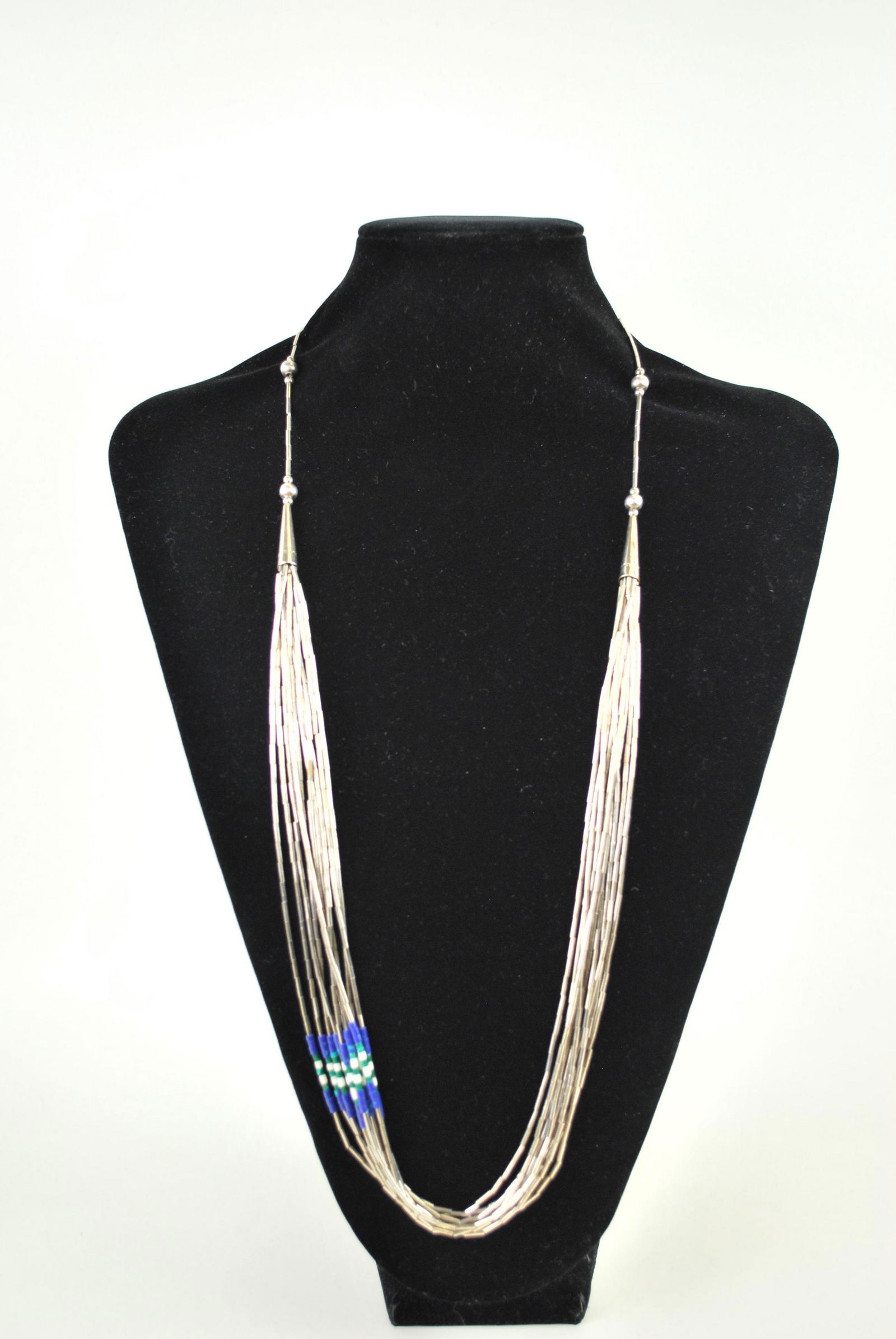 Navajo Sterling Silver 10 Strand Liquid Silver Necklace with Lapis & Malachite Beads (1 of 3)