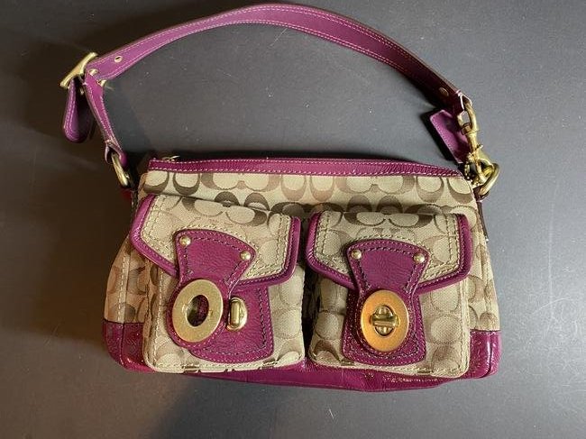 Coach Purse with Orginal "C" Design + Purpleish Leathr Trim: Coach Purse with Orginal "C" Design + Purpleish Leathr Trim