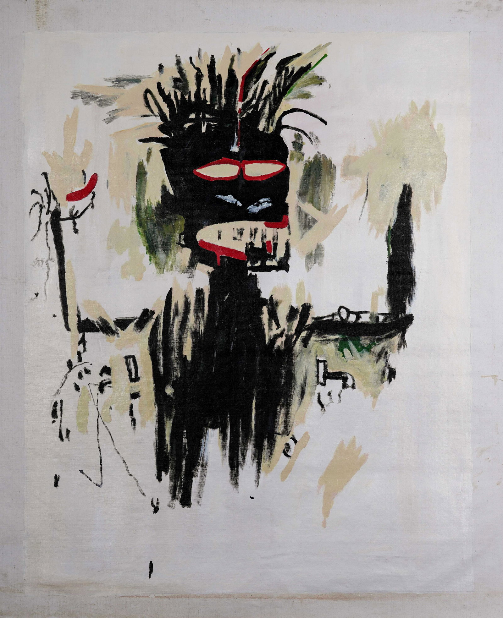 Oil Painting, Jean-Michel Basquiat 1960-1988: Oil Painting, Jean-Michel Basquiat 1960-1988 Signature on the back Image Size: 36 1/2 by 29 in. (92 by 73cm.) All measurements are approximate. Jean-Michel Basquiat, December 22, 1960 - August 12, 198