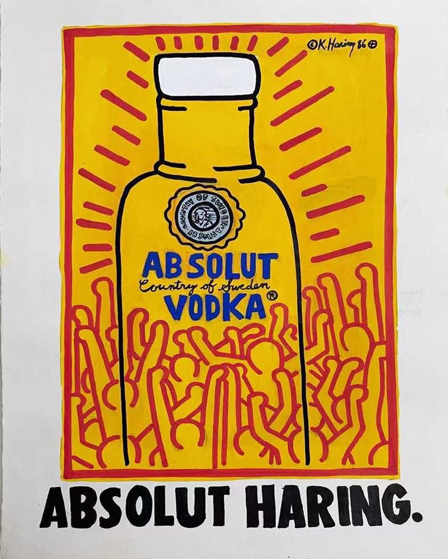 Keith Haring (1958-1990) Absolut Vodka, Watercolor on paper manuscript (1 of 2)