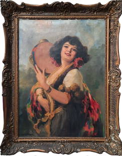 Richard Geiger (1870-1945), Tambourine Girl, Oil Painting on Canvas: Richard Geiger (1870-1945), Tambourine Girl, Oil Painting on Canvas Image Size: 31 1/2 by 24 in. (80 by 60 cm.) All measurements are approximate. Signed (lower left) Richard Geiger (29 June 1870 - 9 F