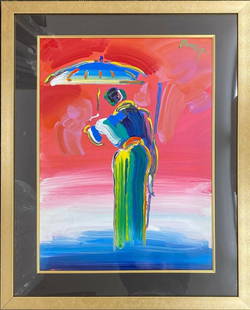 Peter Max Original Umbrella Man on Red Mixed Media Custom Framed: Peter Max Original Mixed Media on Paper Titled Umbrella Man on RedSigned by Pop Artist Peter MaxOriginal Mixed Media on PaperPaper Size 22" x 30"Custom Framed Size 32" x 40" Product Details: