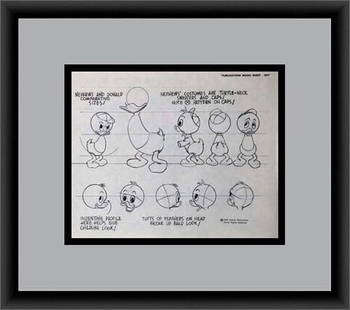 Walt Disney Huey, Dewey & Louie Original Model Sheet Drawing 1971 FRAMED II: Walt Disney - Hewey, Dewey & Louie Original 1971 Model Sheet