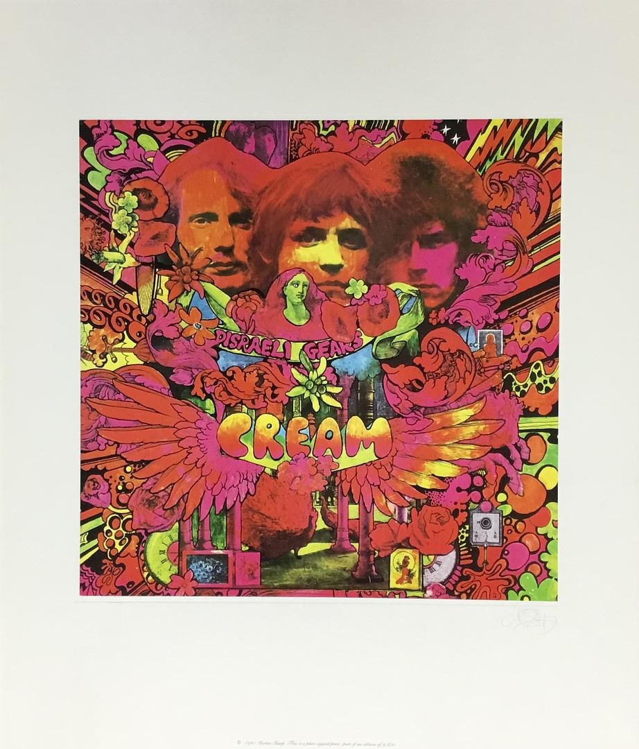 Cream Disraeli Gears Album Cover Art Fascimile Signed by Artist Martin Sharp: Band - Cream Album Title - Disraeli Gears Type - Album Cover Art - Off Set LithographImage Size - 27" x 23"
