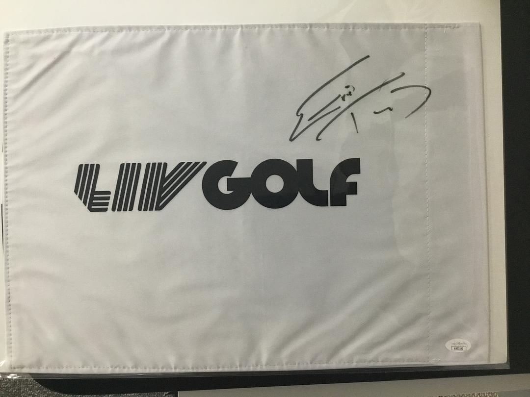 Eric Trump signed LIV Golf #18 Pin Flag- JSA #AN33252: Eric Trump Signed LIV Golf #18 Pin Flag Authenticated by JSA Product Details: Official LIV Golf #18 pin flag signed perfectly by PGA/.LIV star Eric Trump. The
