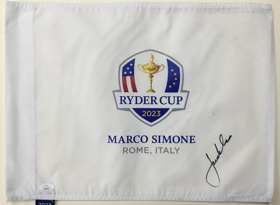 Jordan Spieth 2023 Ryder Cup Rome Italy Signed Pin Flag- JSA #AV66396: Jordan Spieth 2023 Ryder Cup Rome Italy Signed Pin Flag Authenticated by JSA Product Details: 2023 Ryder Cup Rome Italy Official pin flag signed perfectly by PGA st