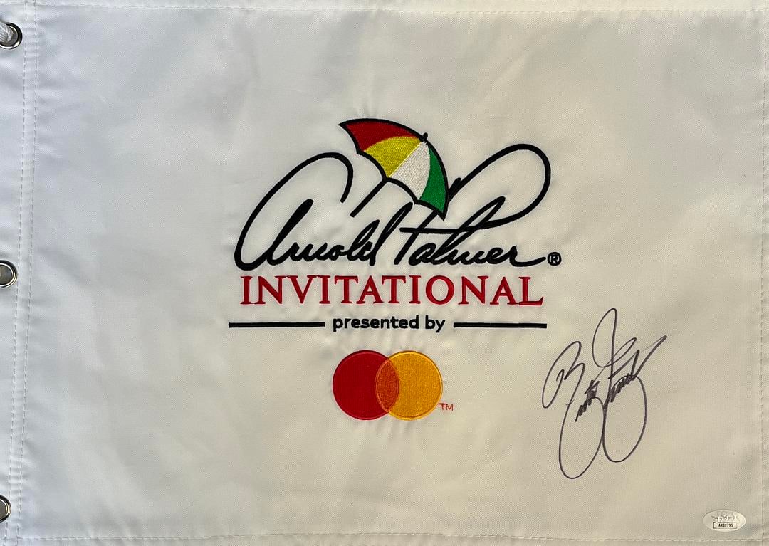 Rickie Fowler Signed Arnold Palmer Invitational Pin Flag JSA#AK80795: Rickie Fowler signed pin flag Official Arnold Palmer Invitational flag signed by professional golfer Rickie Fowler. Comes with COA from James Spence Authentication Product Details:Official white Arnol