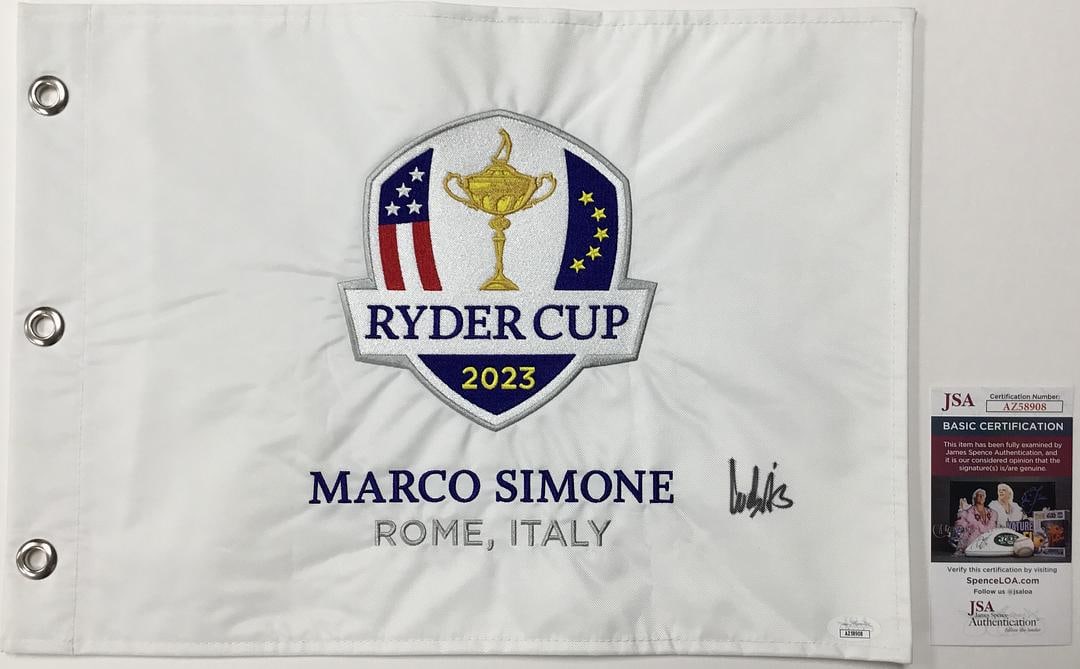 Ludvig Aberg 2023 Ryder Cup Rome Italy Signed Pin Flag - JSA #AZ58908: Ludvig Aberg 2023 Ryder Cup Rome Italy Signed Pin Flag Authenticated by JSA Product Details: 2023 Ryder Cup Rome Italy Official pin flag signed perfectly by PGA sta
