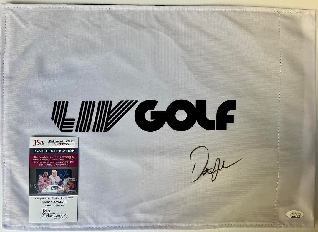 Dustin Johnson signed LIV Golf #18 Pin Flag-JSA #AN33255: Dustin Johnson Signed LIV Golf #18 Pin Flag Authenticated by JSA Product Details: Official LIV Golf #18 pin flag signed perfectly by golf star Dustin Johnson. 