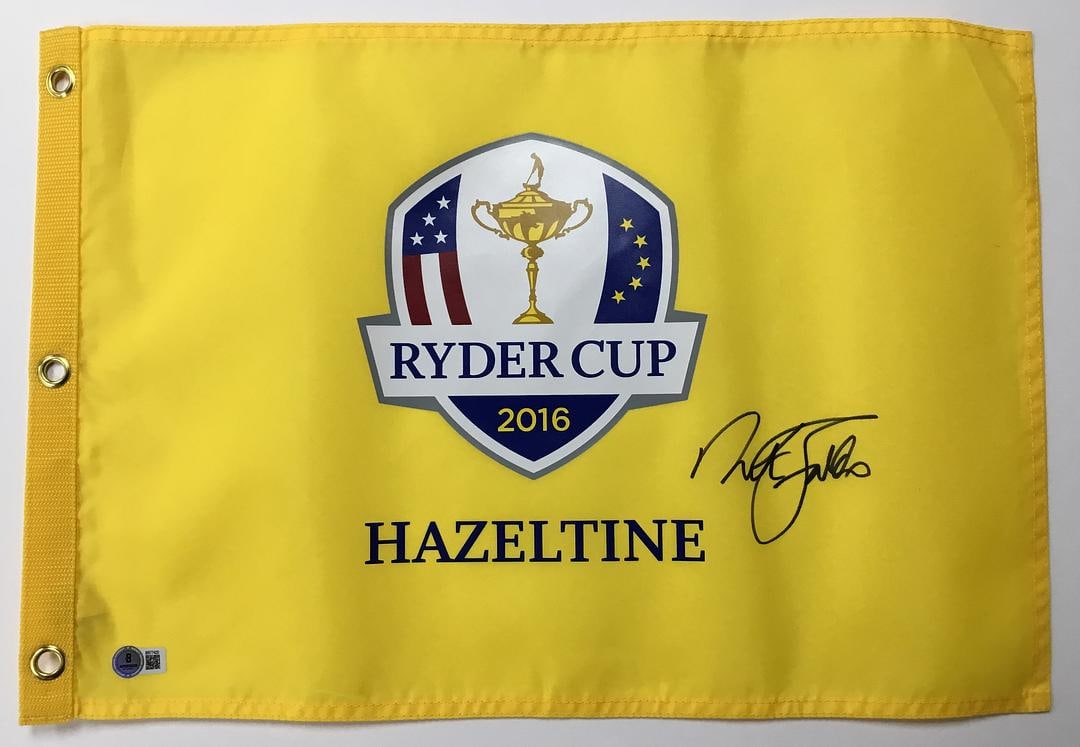 Nick Faldo 2016 Ryder Cup Hazeltine Signed Pin Flag Beckett BR77420: Nick Faldo Signed 2016 Ryder Cup Hazeltine Pin Flag Authenticated by Beckett Authentication Services Product Details: Official 2016 Ryder Cup Hazeltine pi