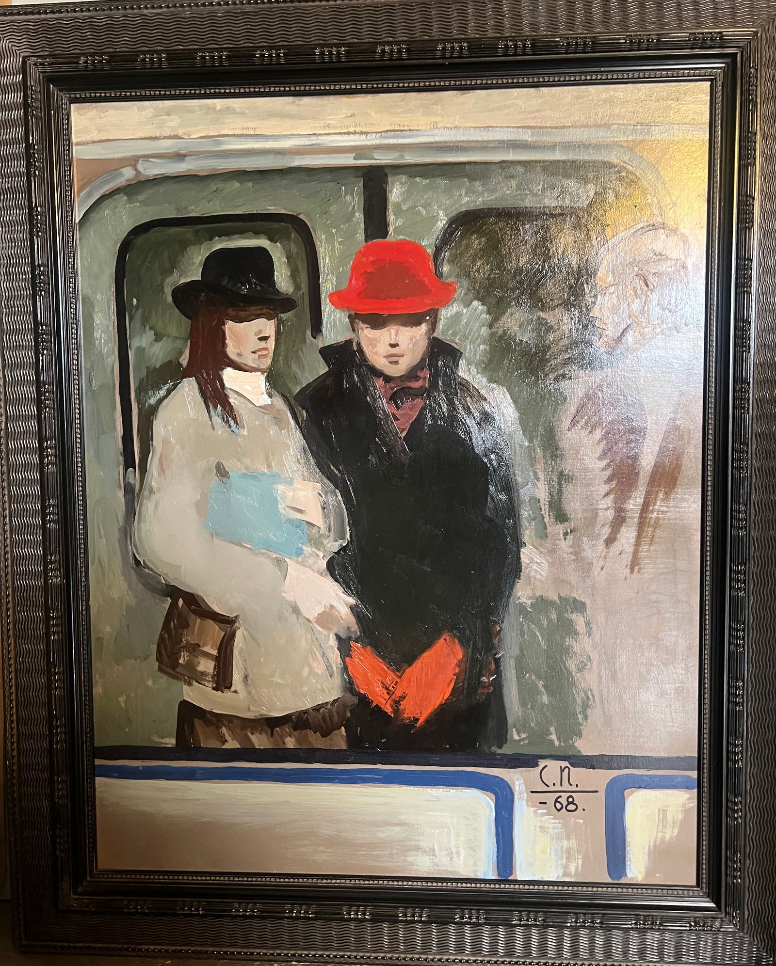 Serhiy Podervyansky - The Red Hat (1968): An oil painting depicting three figures in a train carriage with the central figure wearing a red hat as the focal point. Podervyansky was a “People’s Artist of Ukraine” and his works are