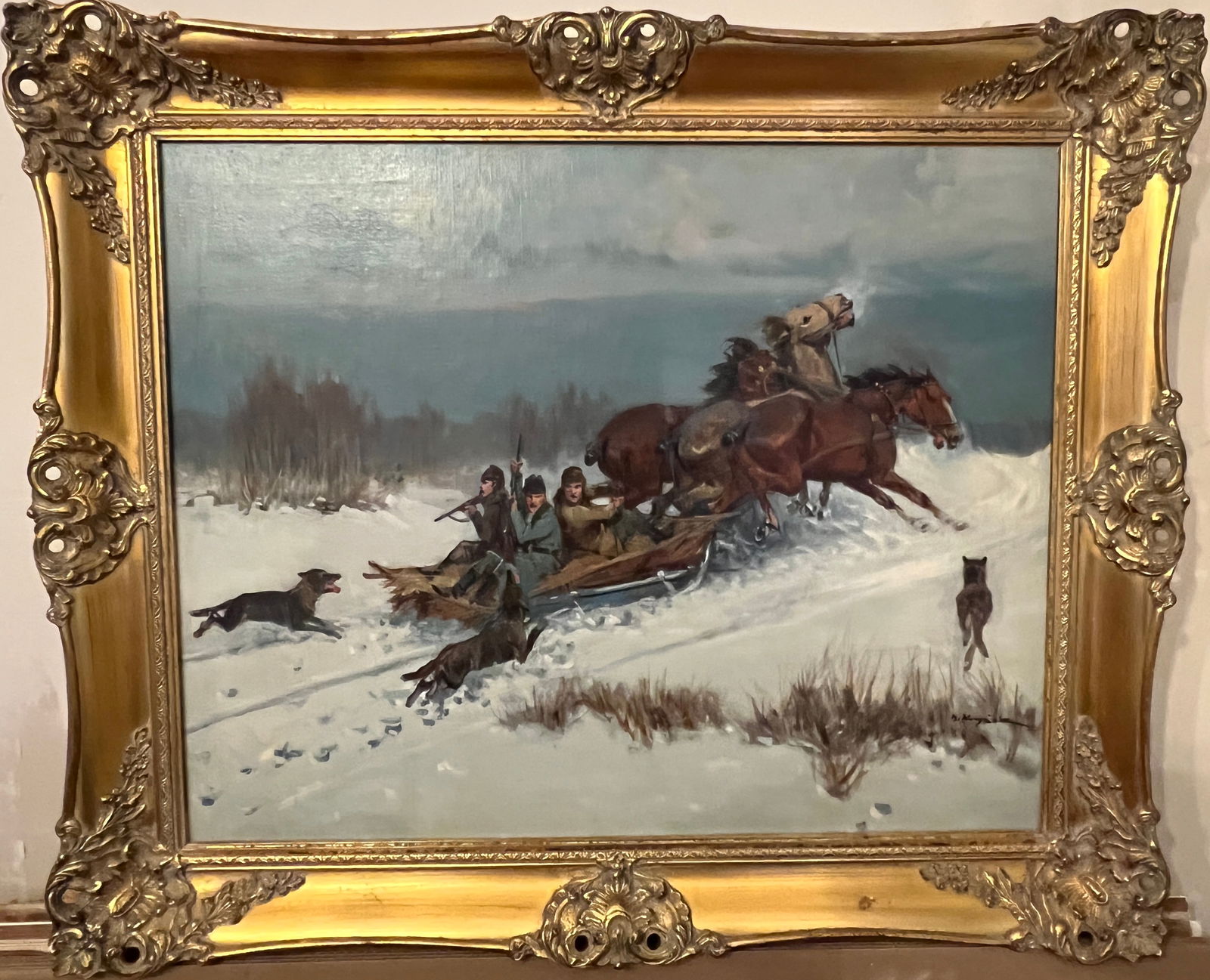 Attack of the Wolves: Oil painting by Polish painter, signature hard to decipher. Approximately early 20th century.