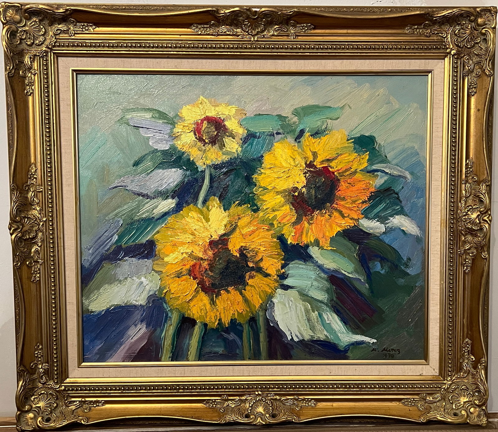 Mikhailo Moroz – Three Sunflowers (1970): A vibrant lush still life of three sunflowers in full bloom. Mikhailo Moroz (1904-1992) was an accomplished Ukrainian expressionist painter recognized for his landscapes and still lives executed in