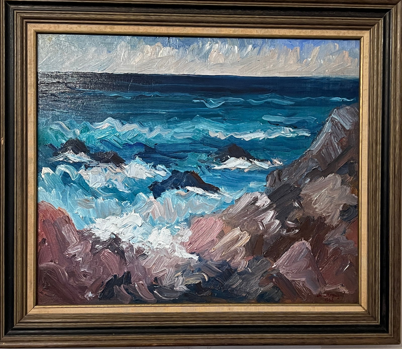 Mikhailo Moroz – Rocky Ocean View: Abstract blue ocean waves pictured amongst rocks and a cloudy sky in the horizon. Mikhailo Moroz (1904-1992) was an accomplished Ukrainian expressionist painter recognized for his landscapes and