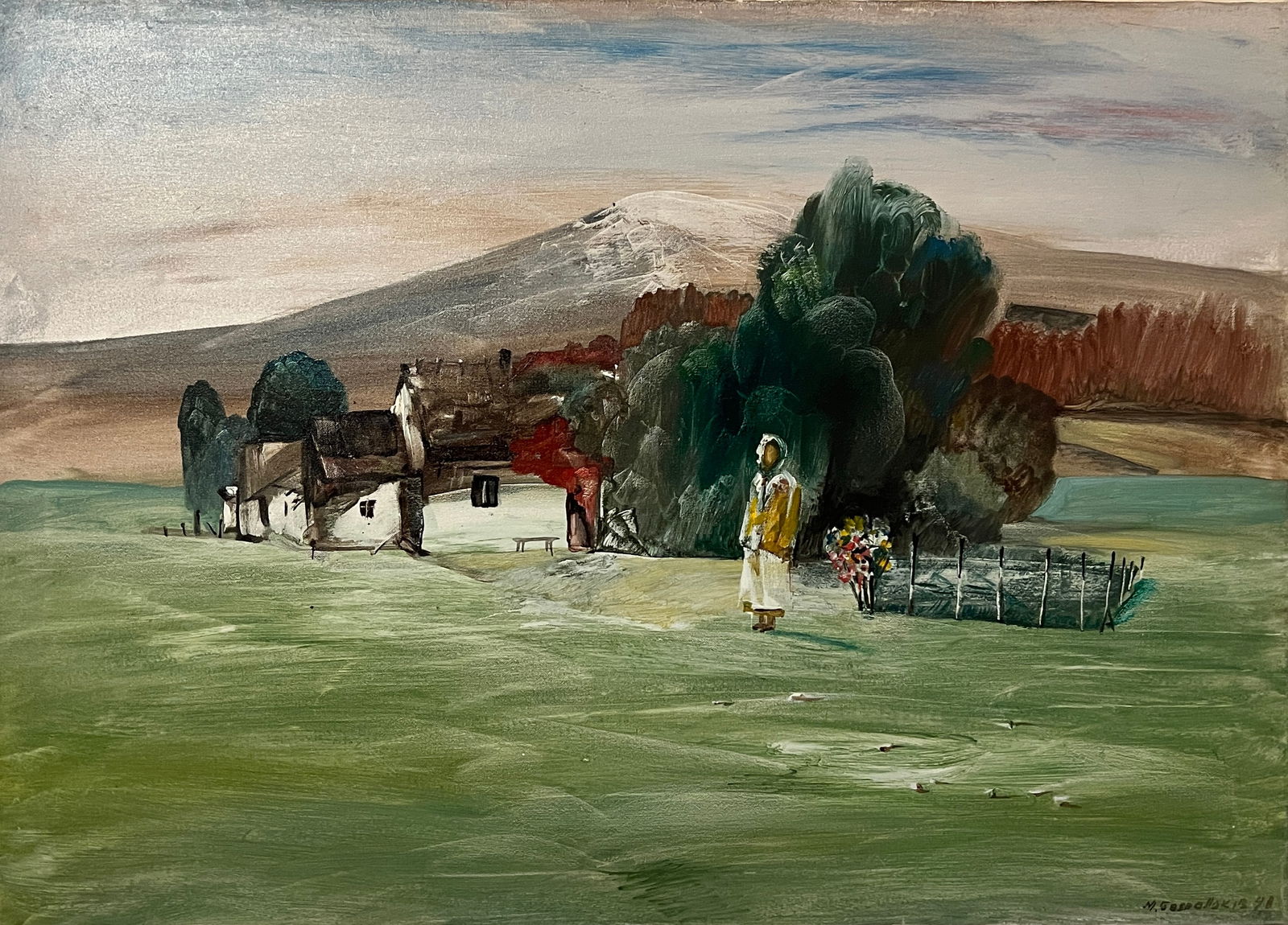 Mykhailo V. Bezpalkiv – Village in the Mountain (1991): A vibrant pastoral landscape depicting a countryside house nestled among rolling hills and colorful autumn trees, with a snow capped mountain in the distance. Mykhailo V. Bezpalkiv’s bold color