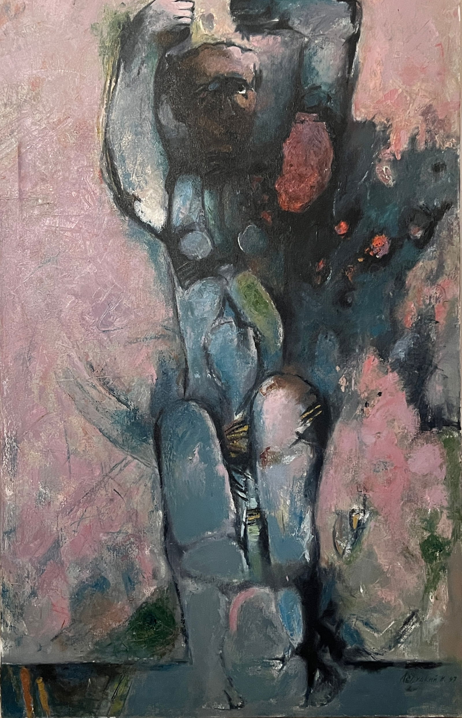 Ivan I. Legutsky – Village Ballerina (1997): A striking modernist figurative composition depicting a stylized ballerina form emerging from abstract surroundings. Ivan I. Legutsky (b. 1961, Kharkiv, Ukraine) is a Ukrainian painter known for expre