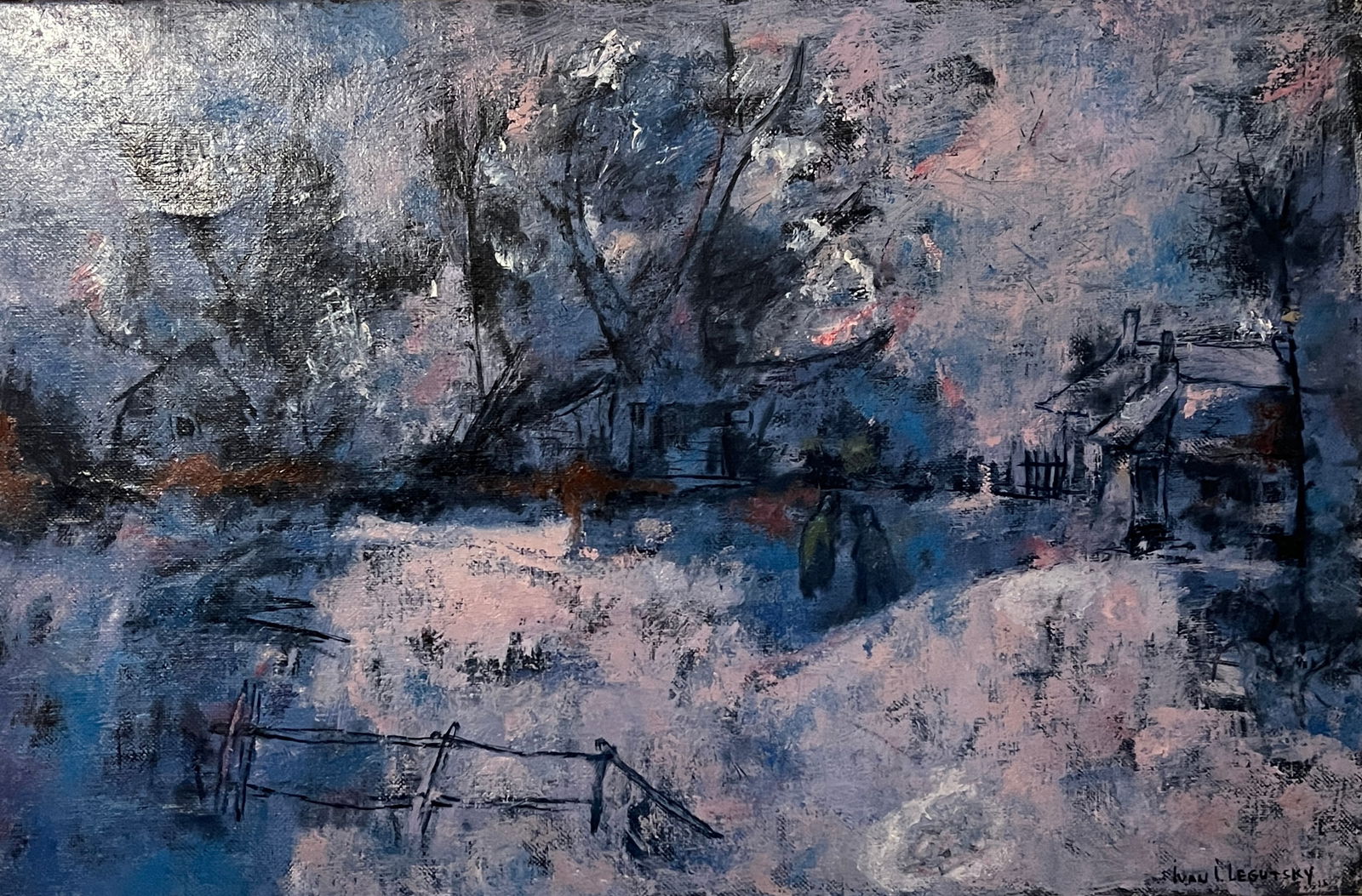 Ivan I. Legutsky – Happy Day (1986): Atmospheric winter village scene rendered in expressive brushwork. Cool blue tonalities showcase a nostalgic and poetic still winter of the Eastern European countryside. Ivan I. Legutsky (b. 1961, Kha