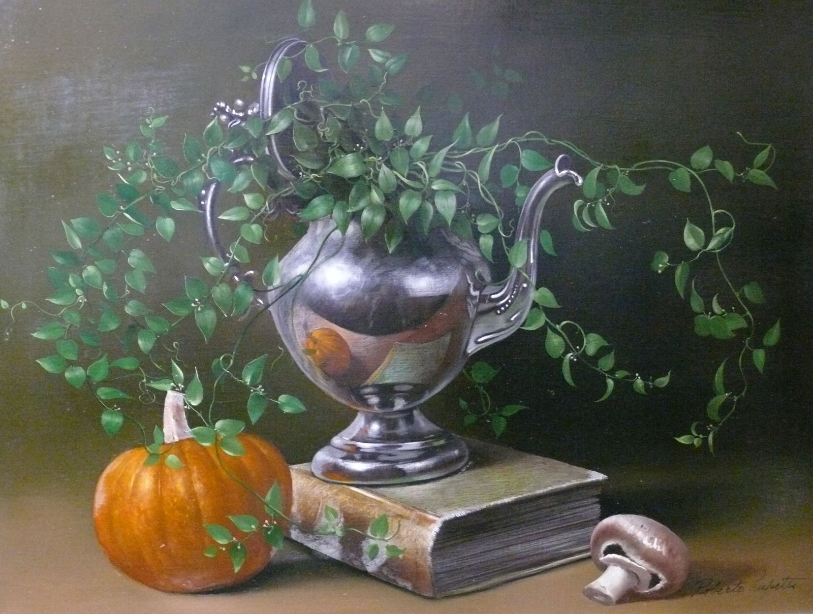 Roberto Lupetti – Still Life With Silver Chalice, Pumpkin & Ivy: Oil on canvas still life featuring a silver chalice entwined with green ivy, an orange pumpkin, and a mushroom at right. Luminous classical rendering characteristic of Lupetti’s style.Roberto Lupett