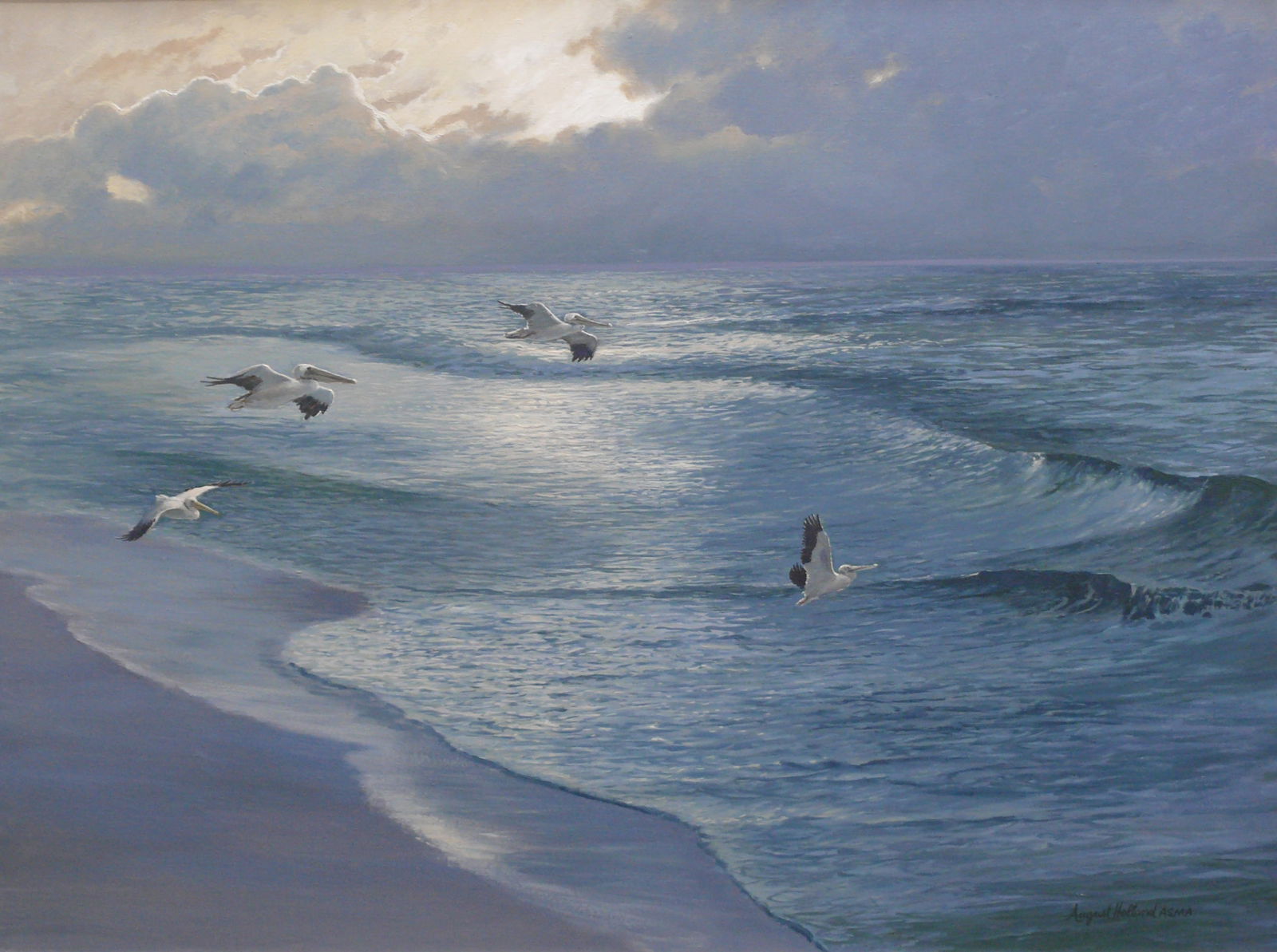 August Holland – Point at Light – Seagulls Over Shore: Blue-toned seascape with tidal surf and four seagulls gliding across bright sky emerging behind clouds. Signed August Holland August Holland is an American marine painter specializing in realistic