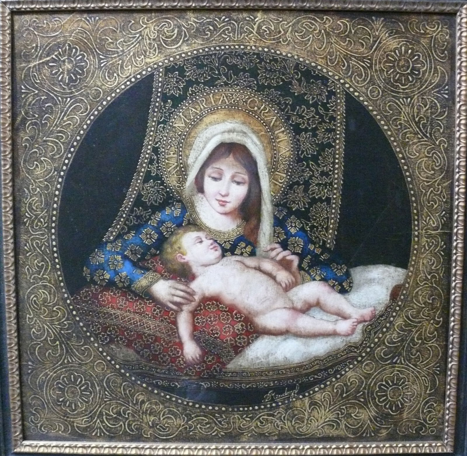 Diana Mendoza – Madonna and Child on Cushion: Tender depiction of Madonna with infant resting on a pillow Diana Mendoza is known for intimate religious paintings featuring gentle spiritual figures. Her work combines classical technique with