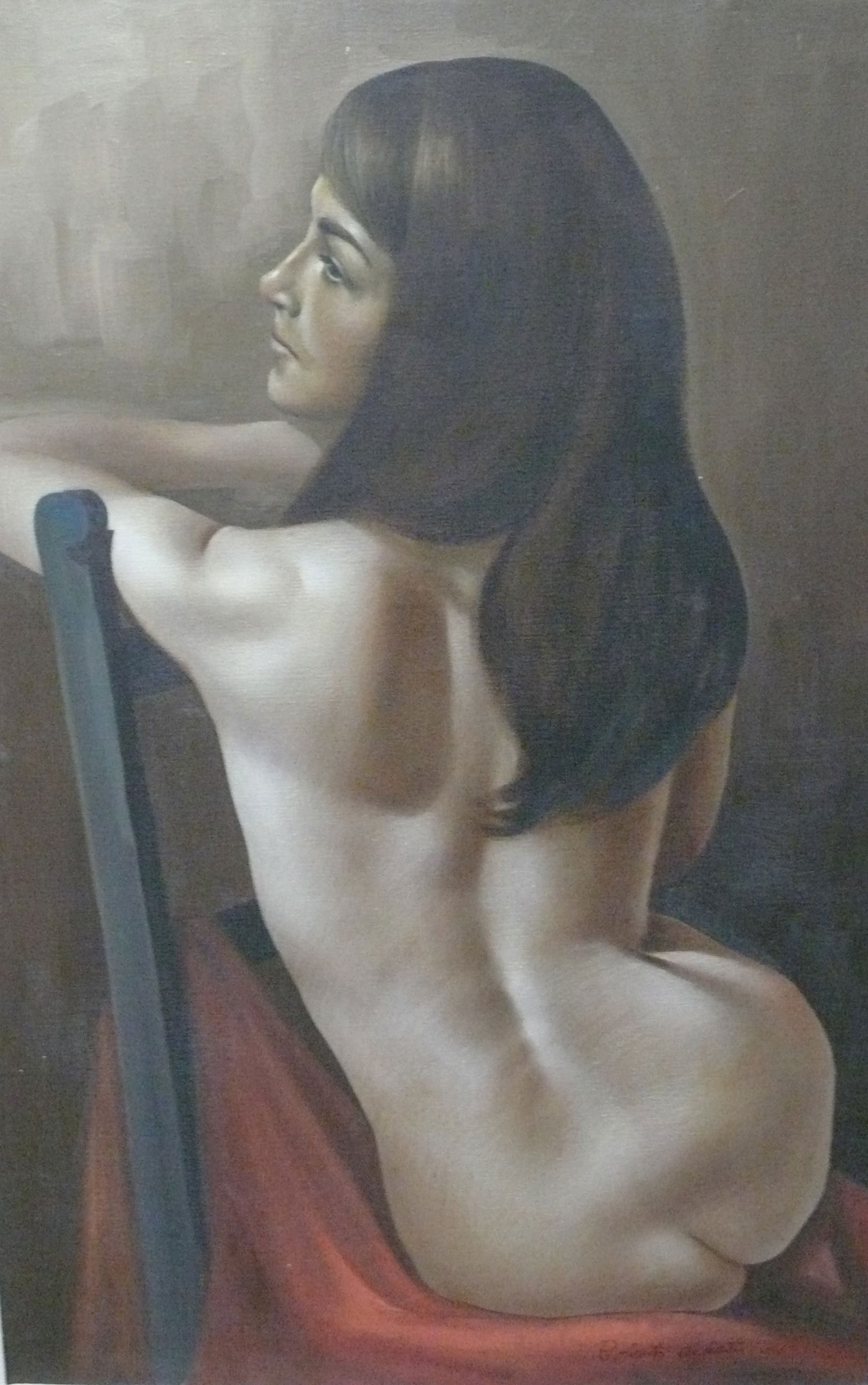 Roberto Lupetti – Seated Nude Woman With Red Silk: Back view nude seated on black velvet chair draped with red silk. Long hair cascading down Roberto Lupetti focuses on classical figurative painting, with works often exploring the human form and
