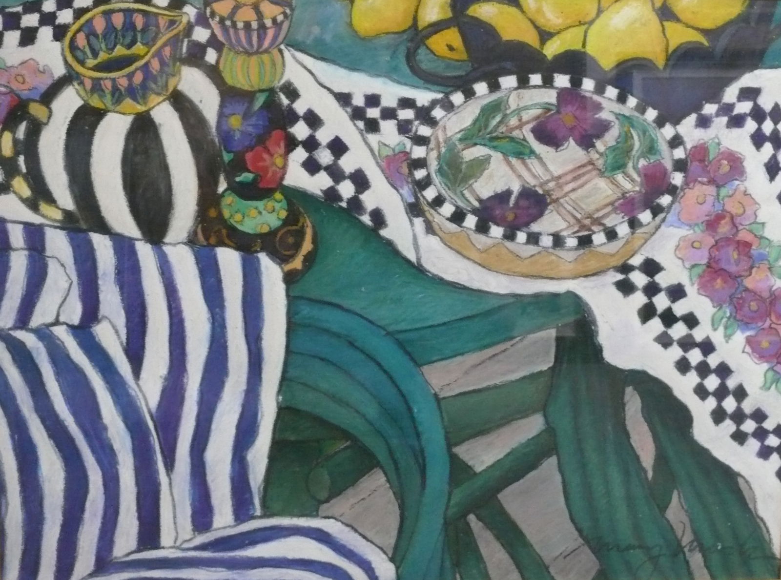 Bracha Guy – Striped Chair and Checkerboard Table With Lemons: Serigraph featuring blue striped chair, checkerboard cloth, and lemons. Bold, whimsical style Bracha Guy is a contemporary printmaker known for her playful and decorative compositions. She frequently