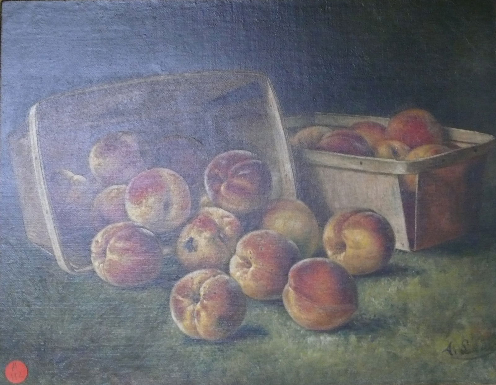 August Laox – Peaches in Wooden Baskets: Oil on canvas still life featuring two rustic wooden containers, one upright and one overturned, with ripe peaches spilling across the table. Warm classical palette August Laox is a contemporary