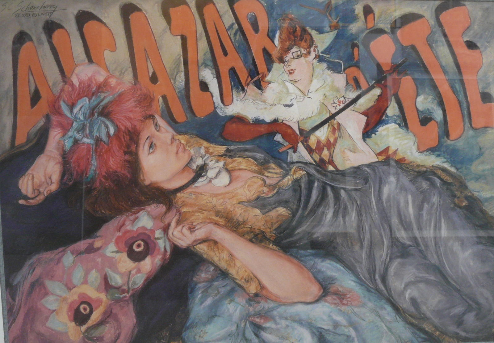 After Steinlen – “Alcazar d’Été” Poster: Reproduction poster depicting a reclining woman in floral dress with a second performer in the background. Belle-Époque French cabaret style Théophile Steinlen (1859–1923) was a Swiss-born French