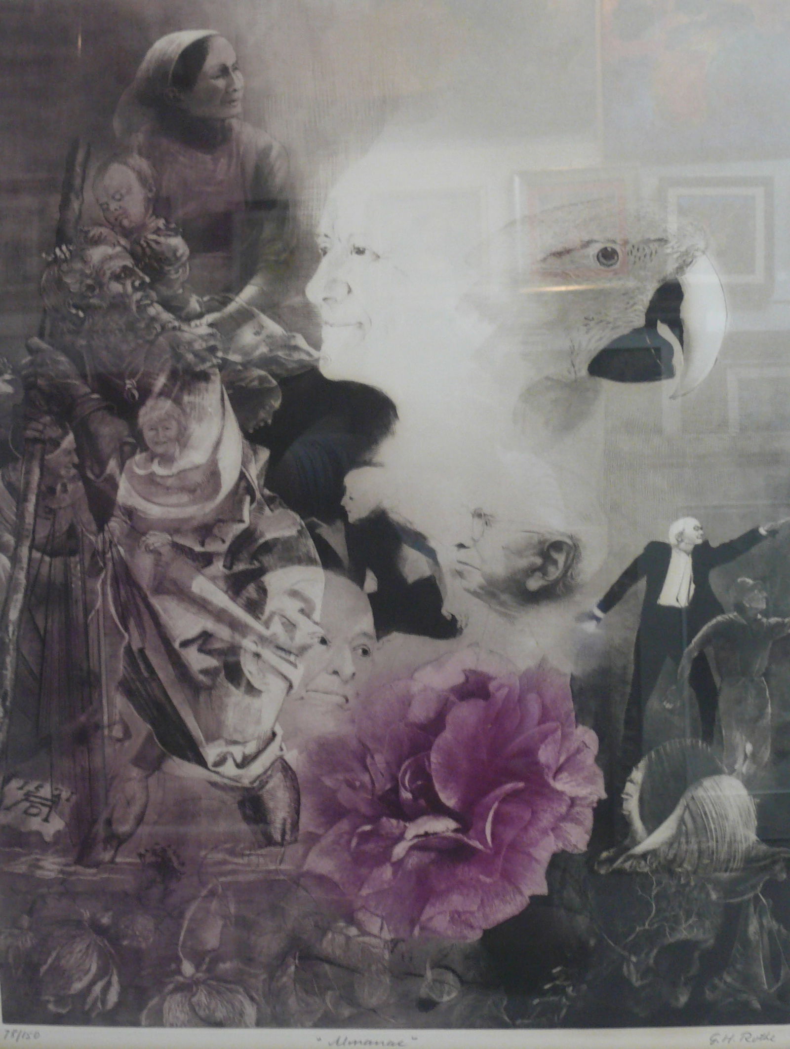 G.H. Rothe – Purple Vision With Parrot and Spiritual Figures: Dreamlike mezzotint featuring translucent spiritual forms, purple atmosphere, and a white parrot in the distance. Intricate tonal control characteristic of Rothe’s mezzotints G.H. Rothe was a