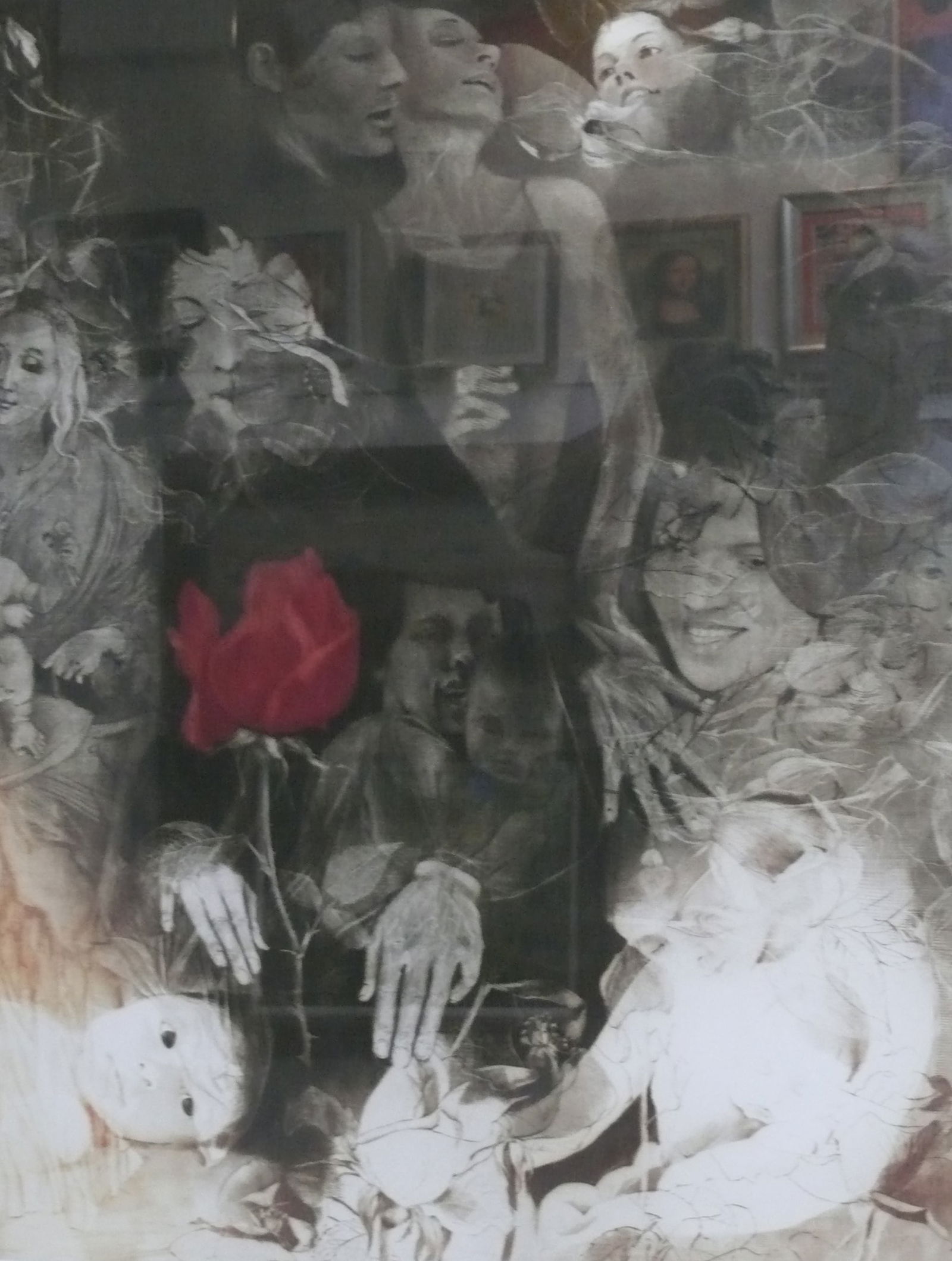 G.H. Rothe – Red Rose With Angelic and Human Figures: Surreal mezzotint combining a vivid red rose, baby figure, and smiling translucent forms. Highly collectible Rothe composition G.H. Rothe was a German printmaker specializing in mezzotint, noted for