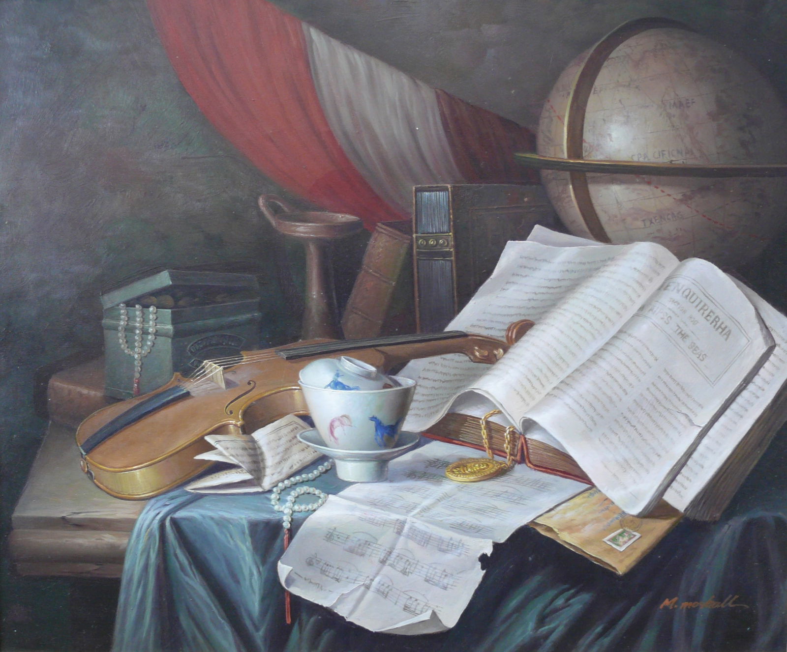 M. Marshall – Still Life With Globe, Violin & Sheet Music: Classical oil on canvas featuring tan-toned globe draped in red and white flag, violin, and musical sheets. Rich, academic still-life style M. Marshall is a contemporary still life painter focusing
