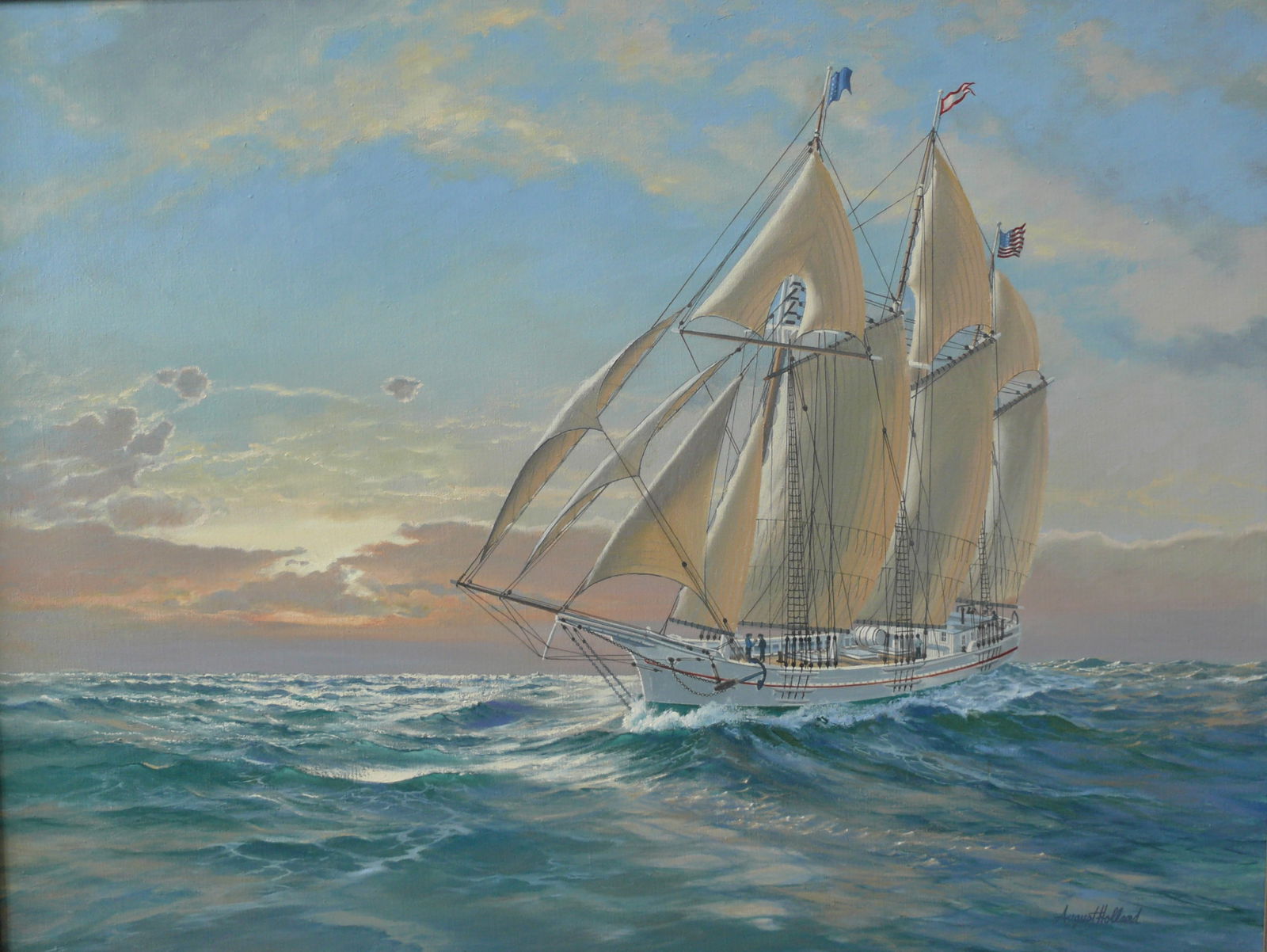 August Holland – “Lucia Simpson” – Tall Ship With White Sails: Striking marine oil painting depicting large sailing vessel with full white sails, moving across open ocean.