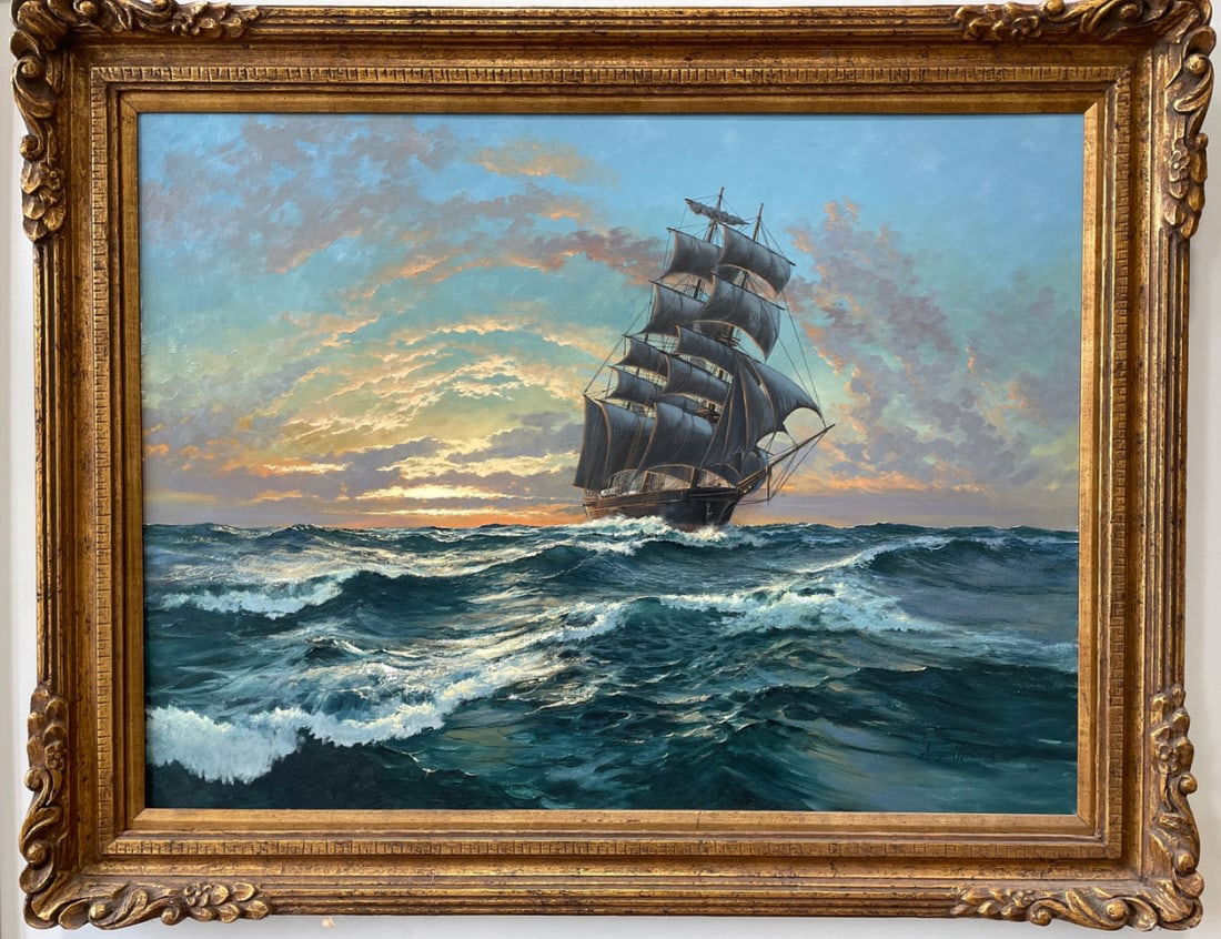 August Holland – Golden Sun – Seascape With Rocks: Sunlit ocean waves between rocky outcroppings with distant gulls. Brilliant golden reflection across water.