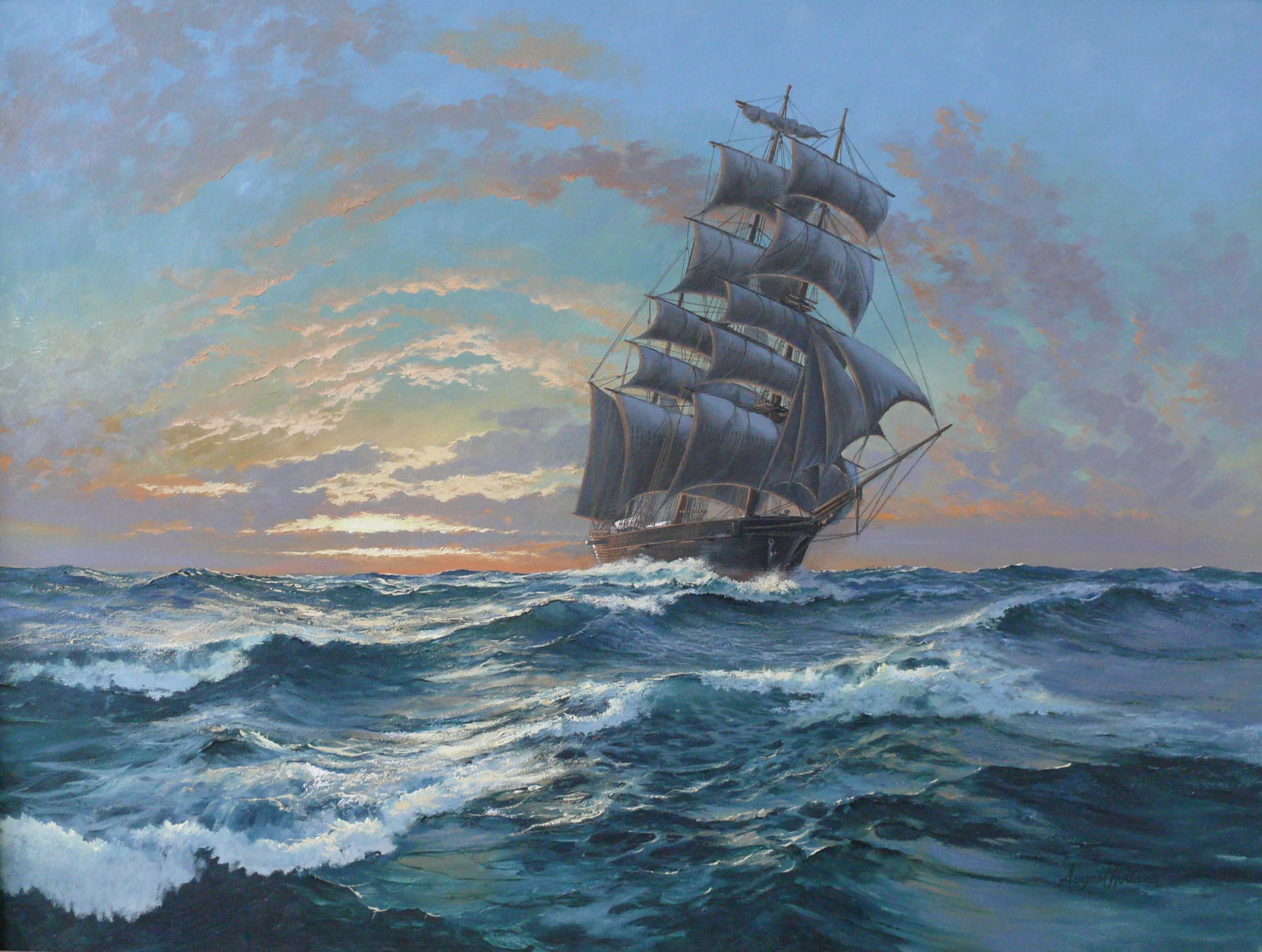 August Holland – Tall Ship At Dusk: Dramatic marine painting featuring tall ship with sails in strong stance.August Holland (1928–1998) was an American painter renowned for his dynamic maritime scenes and Mid-Century "Tiki" art,