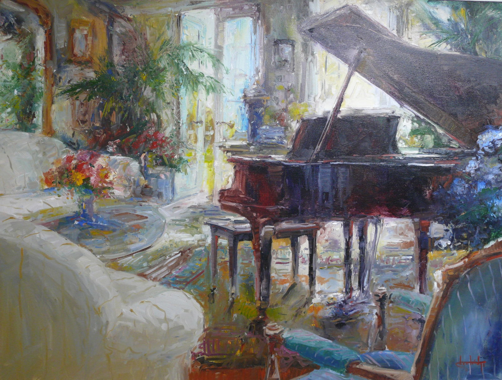 Steven Shortridge – Interior With White Sofas and Grand Piano: Large oil on canvas depicting an elegant living room interior with white sofas, blue accent chair, and a dark brown grand piano centered in the scene. Warm contemporary palette and strong